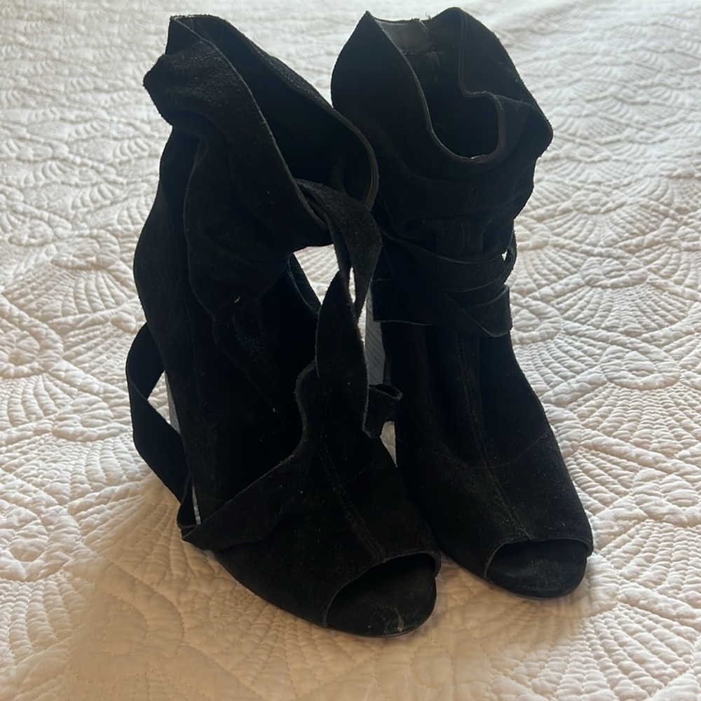 Nine West Black Suede Peep-Toe Wrap Sandals